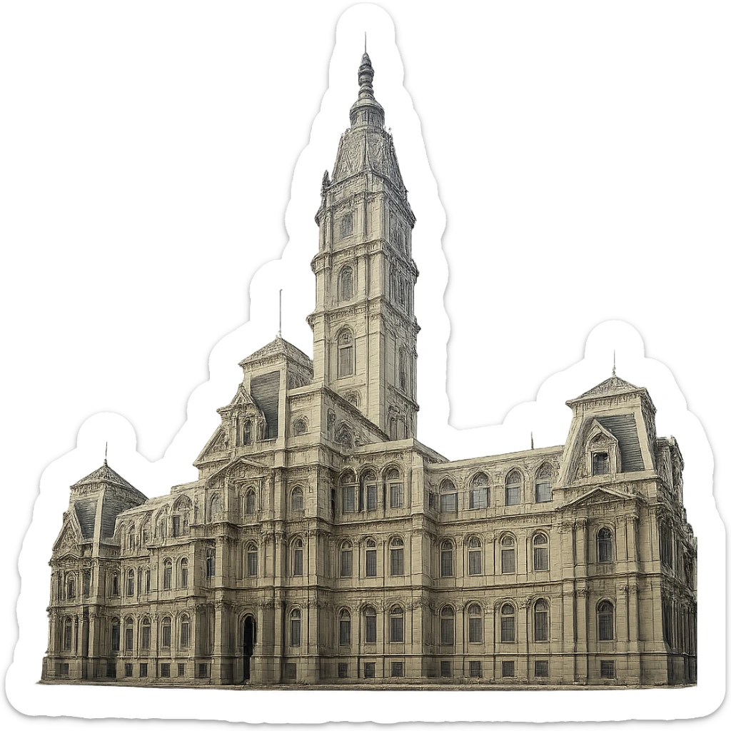 Adjust the colors of Philadelphia City Hall to be more accurate, removing the yellow tint and making the building's colors true to life. Keep the building, details, and composition exactly as they are. Transparent background. sticker