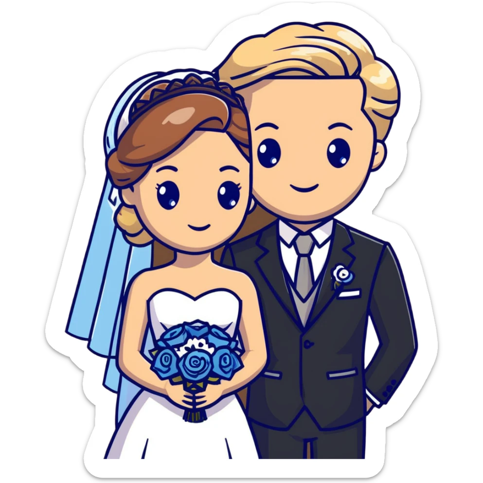 portrait of a bride with light brown hair and grey-blue eyes, and a groom with blonde hair, blue eyes, wearing a brown suit sticker