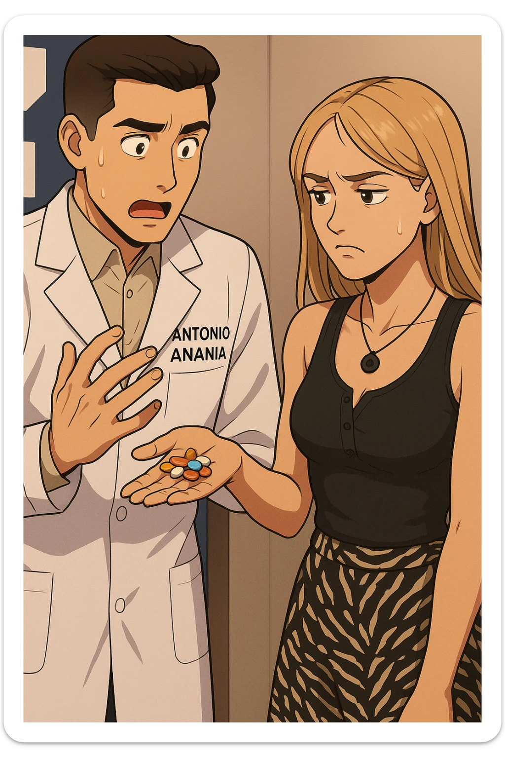 fai un webtoon/manga a colori con questo kinesiologo in camice bianco (fagli la scritta "ANTONIO ANANIA" SUL CAMICE) CHE PARLA CON QUESTA RAGAZZA. LA RAGAZZA HA UN PUGNO DI INTEGRATORI IN MANO (TANTE PILLOLE DIVERSE) E LE GUARDA DUBBIOSA. IL KINESIOLOGO CON IL CAMICE BIANCO LE DOMANDA UNA COSA SCIOCCATO. NON FARE I FUMETTI, FAI SOLO LORO COME SE DIALOGASSERO sticker