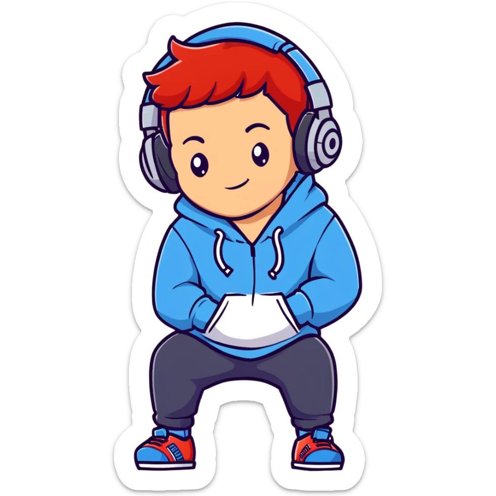 young red-haired boy wearing headphones and a hoodie with 'woojuo' printed on the chest, confident expression, simple and bright style, suitable for emoji or avatar sticker