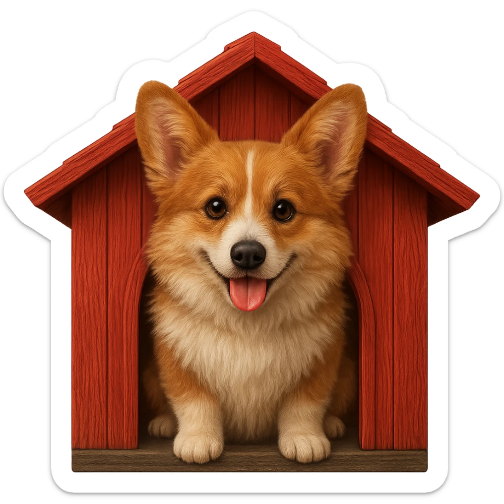 Make the dog house red and make the corgi look even more realistic in an emoji style. Keep the background transparent. sticker