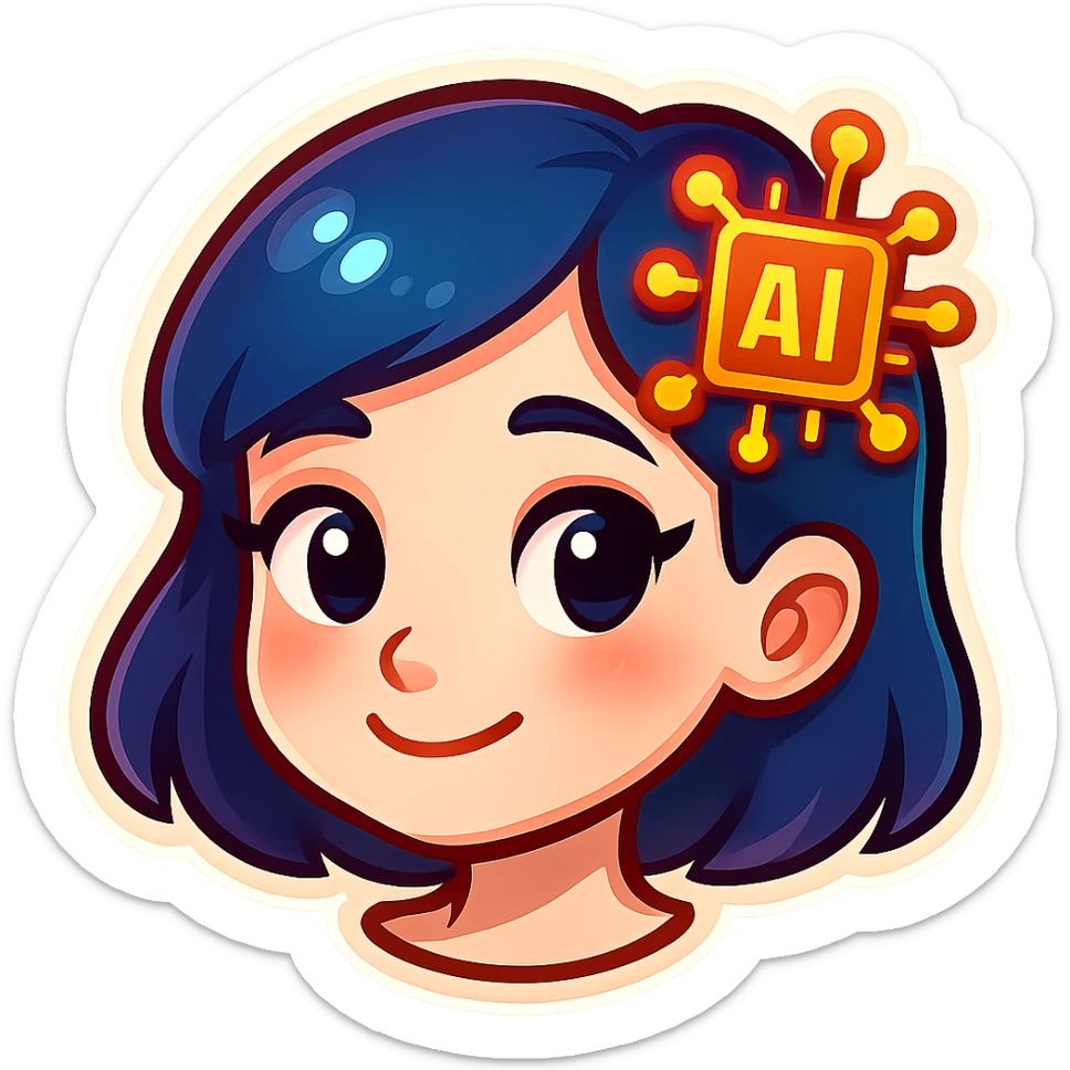 cute girl in Telegram sticker style, very pale skin, neat facial features, large expressive eyes, soft smile, small artificial intelligence icon like chip, brain pictogram or neural network in hair, white background, head only without neck sticker
