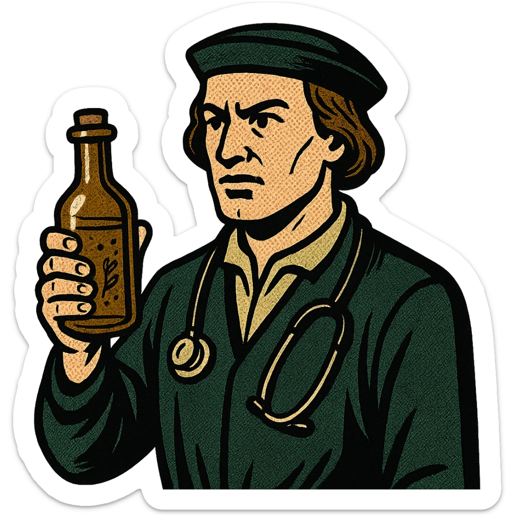 the full body of A male doctor from tudor england with his herbal medicine bottle sticker