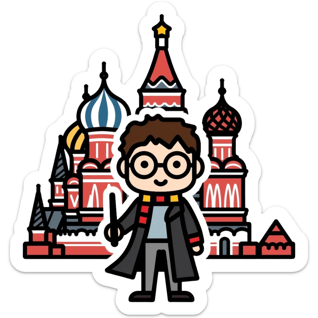 Harry Potter with glasses, lightning scar, and wand standing in front of St. Basil's Cathedral in Russia sticker