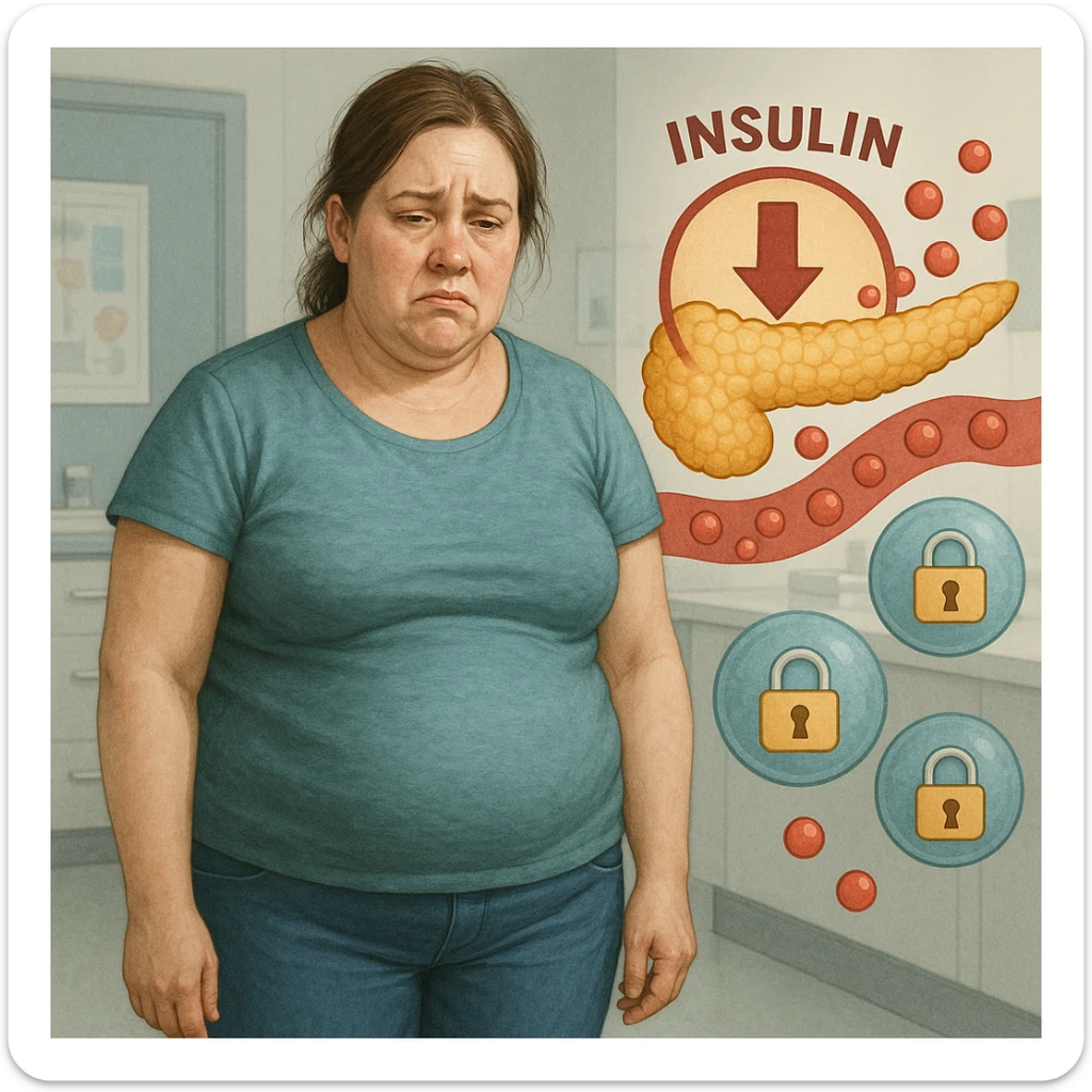 Realistic woman about 38 years old, overweight localized on abdomen and face, in a clinical environment. Expression of fatigue and frustration. Around: stylized pancreas with low insulin symbol, glucose in the blood, cells with closed padlocks. Realistic and symbolic style. sticker