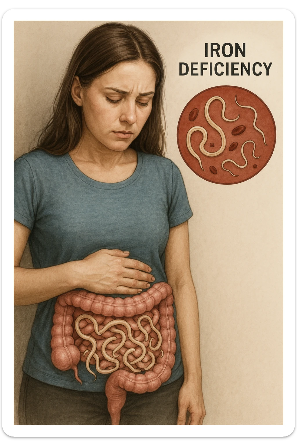 donna con parassiti intestinali che amano la sua carenza di ferro così possono svilupparsi. Immagini realistiche sticker