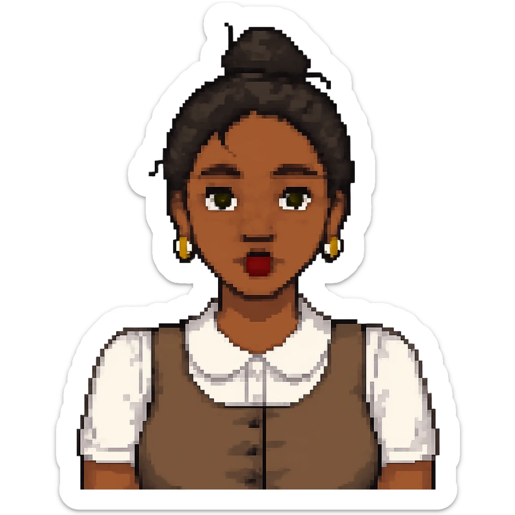 Make her skin color darker and ensure she has only one bun in her messy black hair, keep the style and all other features the same, with no background. Maintain the original style and details faithfully. sticker