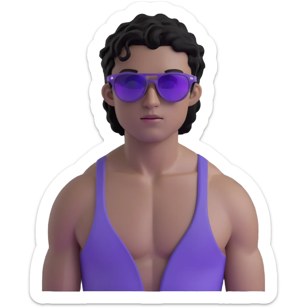 shirtless male athlete with white skin and moderately curly black hair on top with shaved sides, wearing purple sunglasses with black tinted lenses sticker