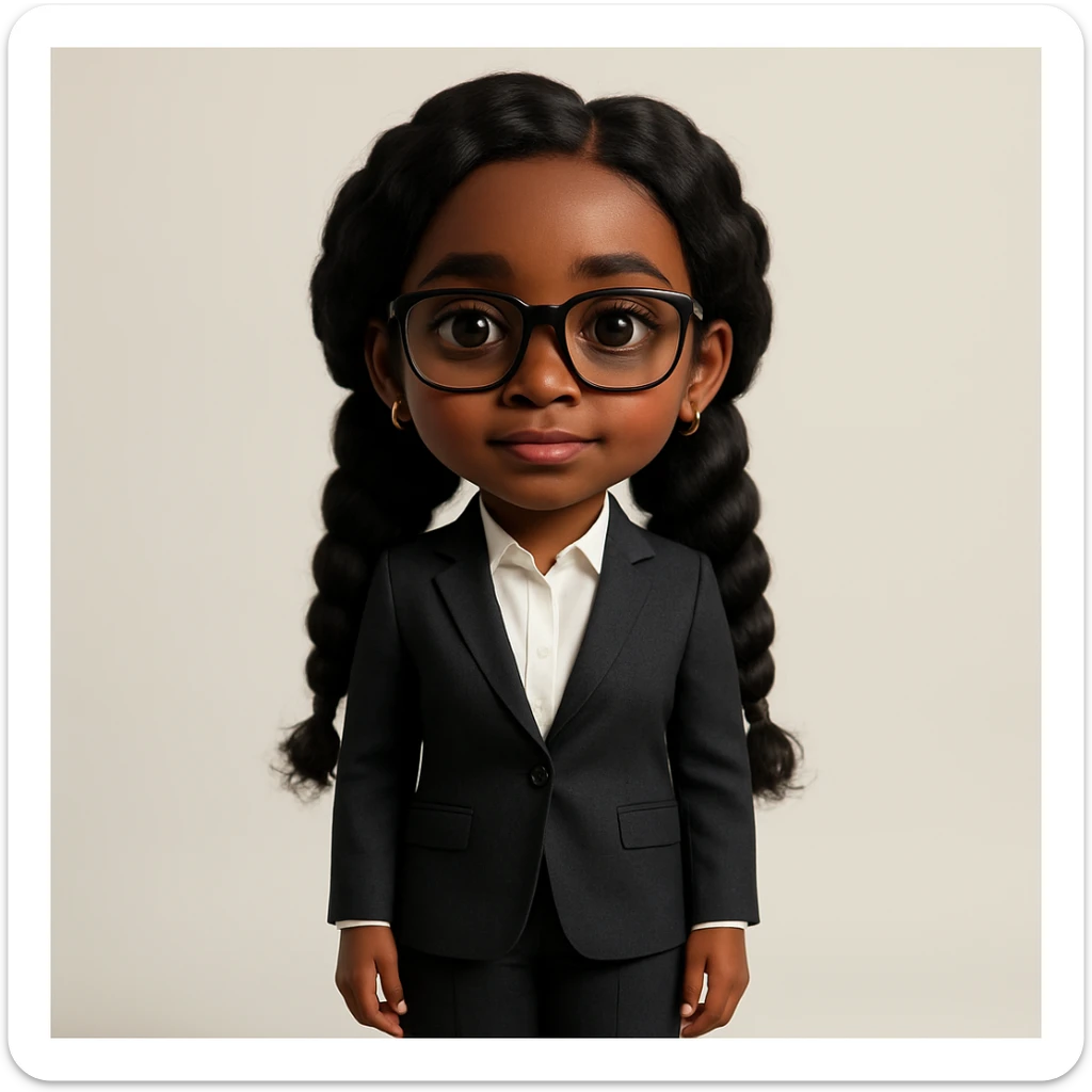 Add a business suit to Kemi Badenoch, full body, standing, in a realistic style. Keep the background as is. sticker