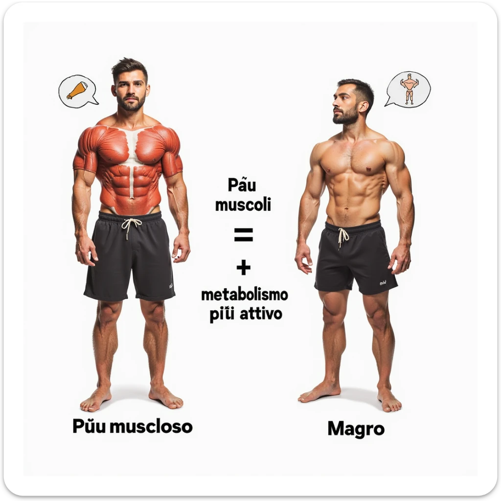 Schema didattico realistico: confronto tra corpo muscoloso e corpo magro, con frecce e icone che spiegano “Più muscoli = metabolismo più attivo”, testo in italiano. Stile iperrealistico. sticker