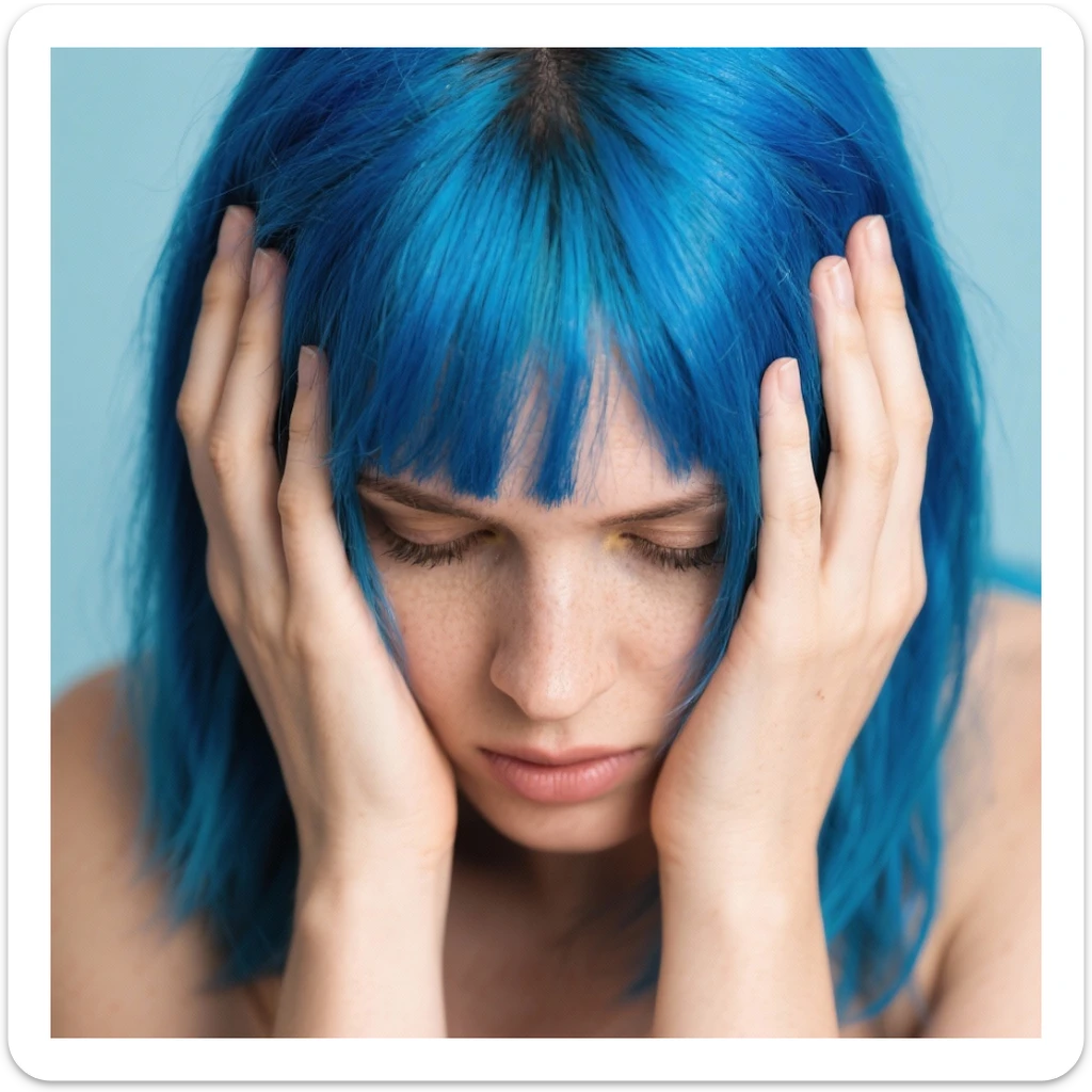 Woman with blue hair with her head in her hands sticker