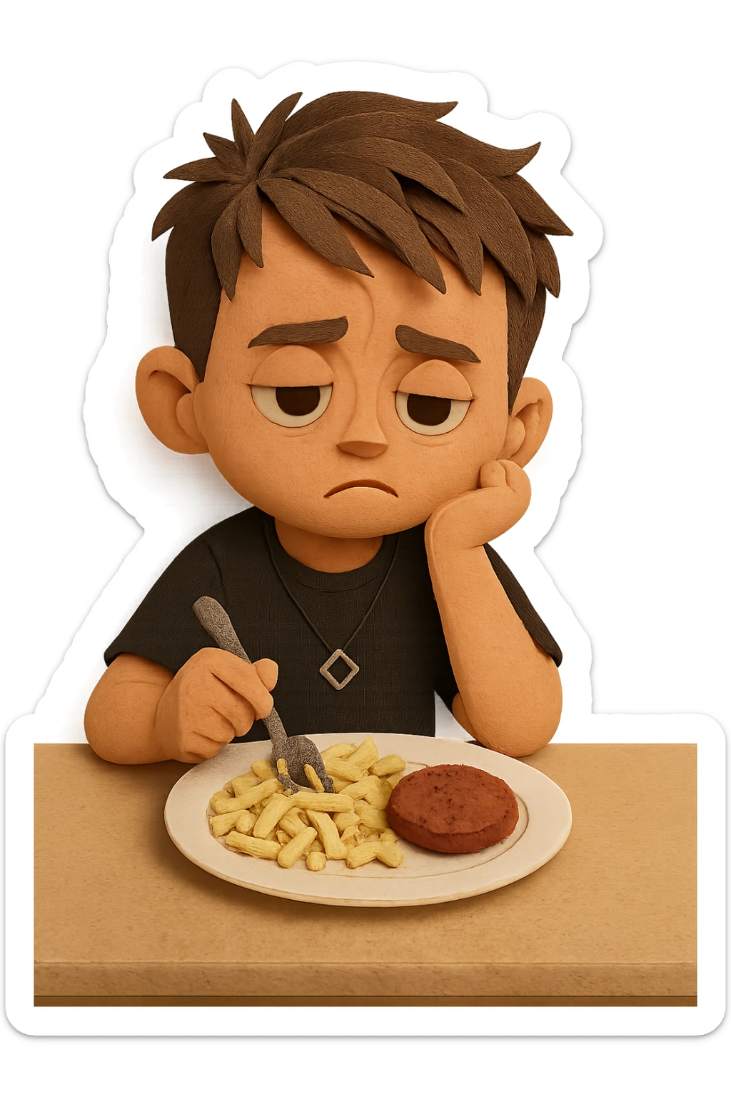 A stylized 3D child version of the person in the reference photo, around 6 years old, is sitting at a table. He looks bored, staring at a plate of macaroni and a meat patty, absentmindedly poking the macaroni with a fork. Keep the pose relaxed and the expression subtly disinterested. The style should be semi-realistic 3D, soft lighting, clean detail sticker