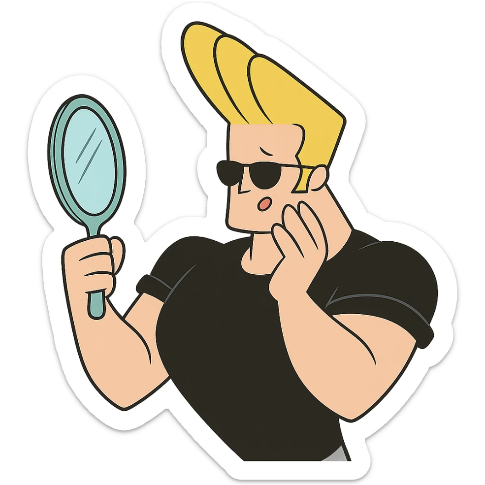 johnny bravo cartoon character, holding a mirror and admiring himself, cartoon style sticker