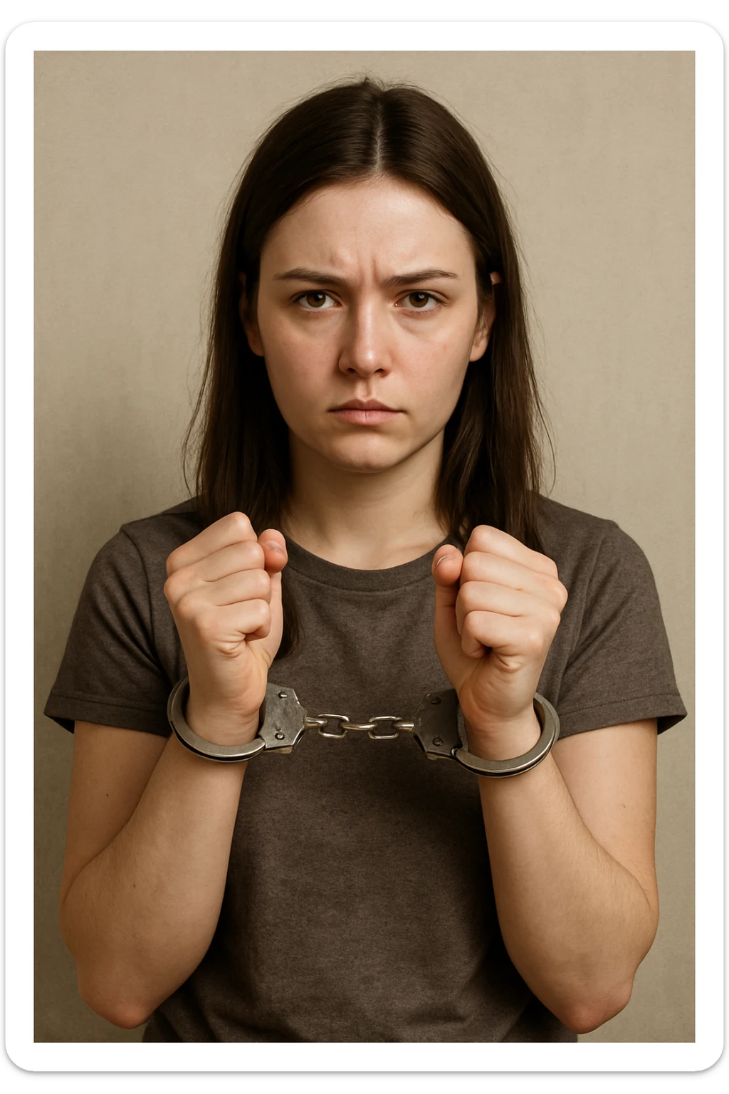realistic illustration of a girl who is handcuffed, looking serious, neutral background sticker