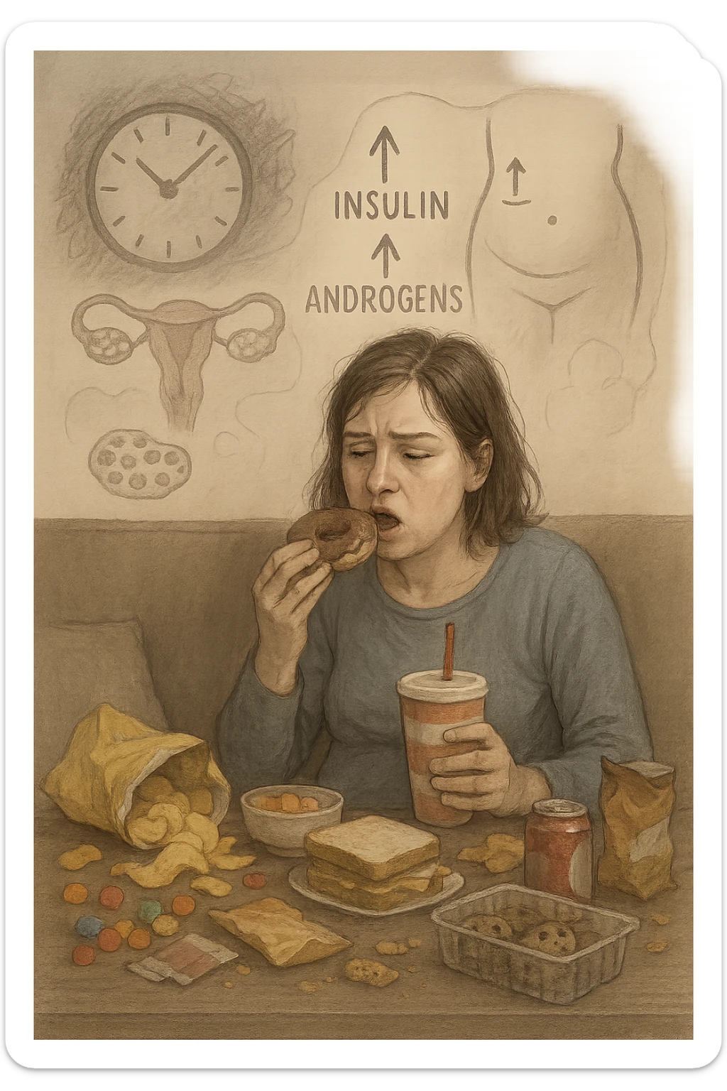 Donna tra i 25 e i 35 anni seduta sul divano o a un tavolo disordinato, circondata da cibi sparsi e poco sani: patatine, dolci, pane bianco, snack confezionati, bibite. Mangiando di fretta, ha un’espressione stanca e frustrata. Intorno a lei, in trasparenza o come illustrazione simbolica, si vedono gli effetti della PCOS peggiorata: ovaie con cisti multiple, squilibrio ormonale (↑ insulina, ↑ androgeni), gonfiore addominale. Sullo sfondo, orologio che corre o caos visivo che comunica disorganizzazione alimentare. Colori spenti e atmosfera stanca. Stile realistico con elementi simbolici e informativi. sticker