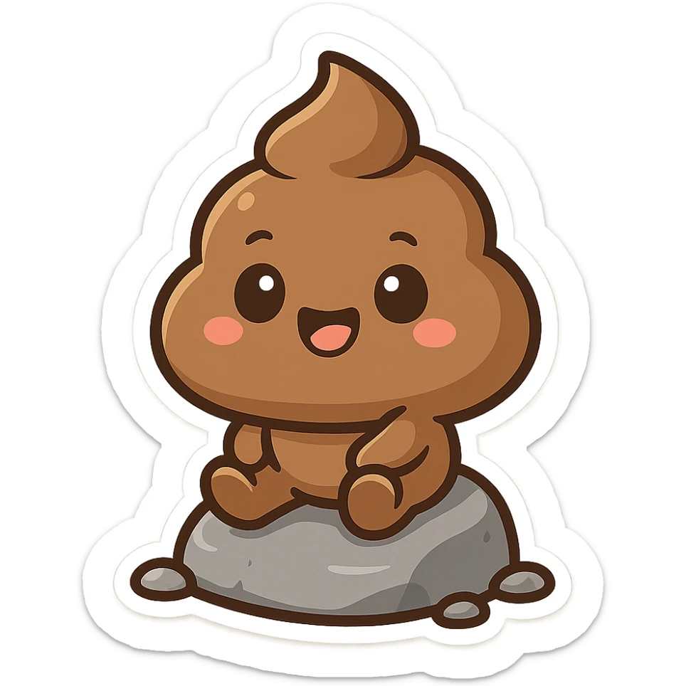 a cartoon poop emoji sitting on top of a gray rock, playful style sticker
