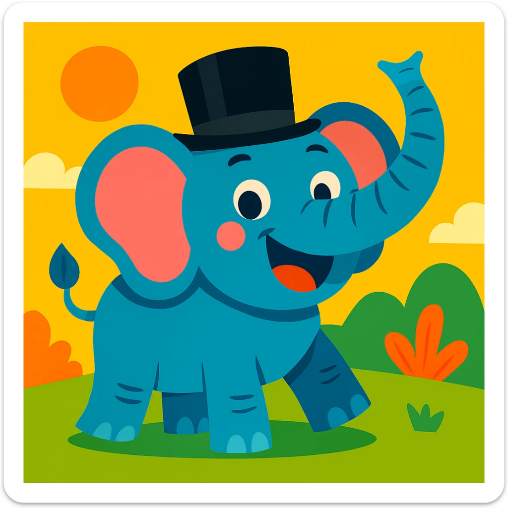 Add a fun top hat to the joyful elephant, keeping the vibrant cartoon style. sticker