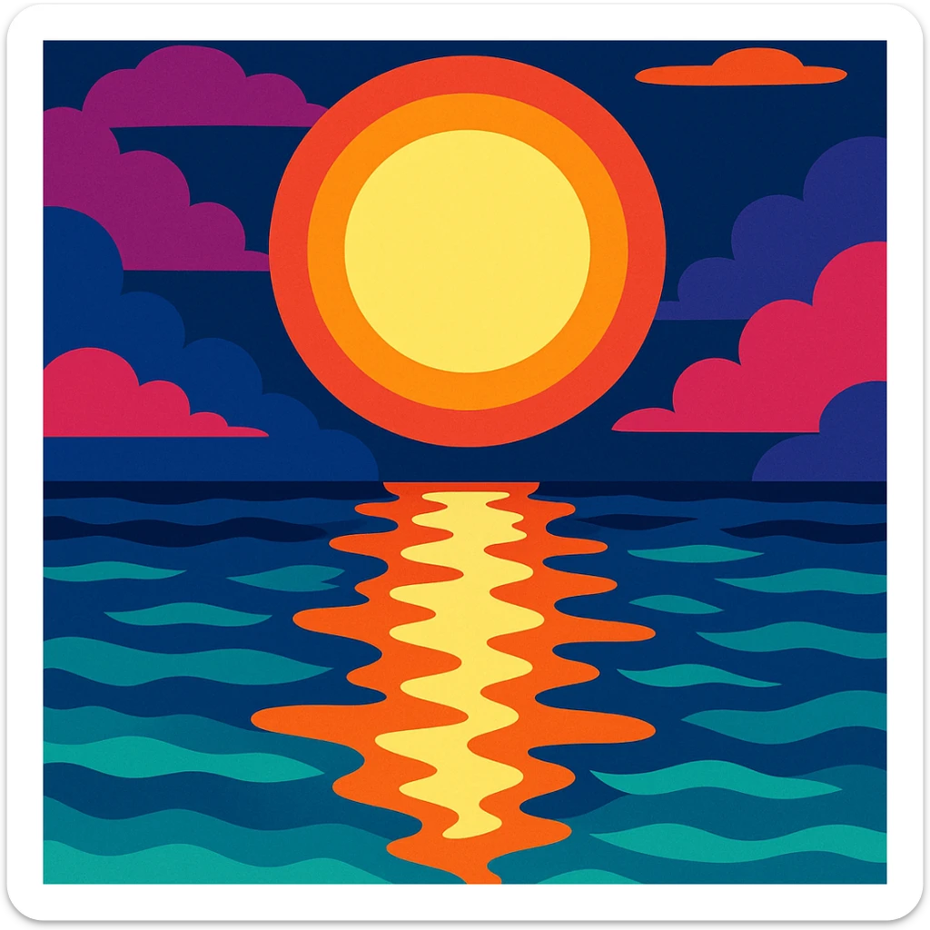 moon reflecting on the sea, style 5, vibrant toon style illustration of moonlight on sea sticker