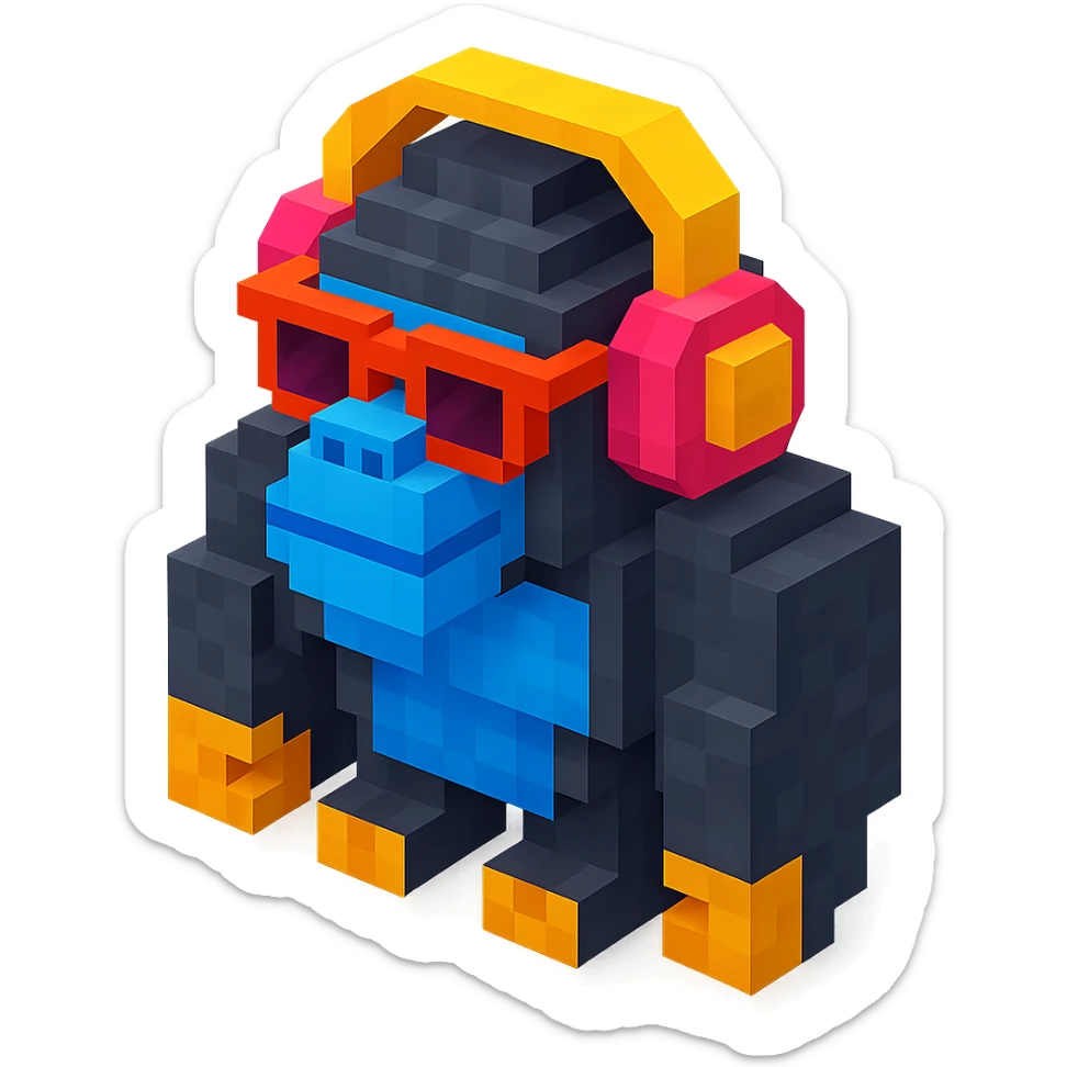 voxel style gorilla with sunglasses and headphones, isometric view sticker