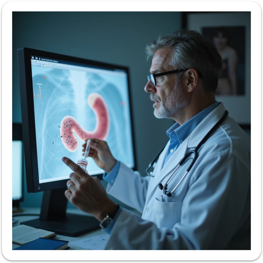 realistic doctor showing patient fecal analysis result with presence of parasites, monitor with enlarged image sticker