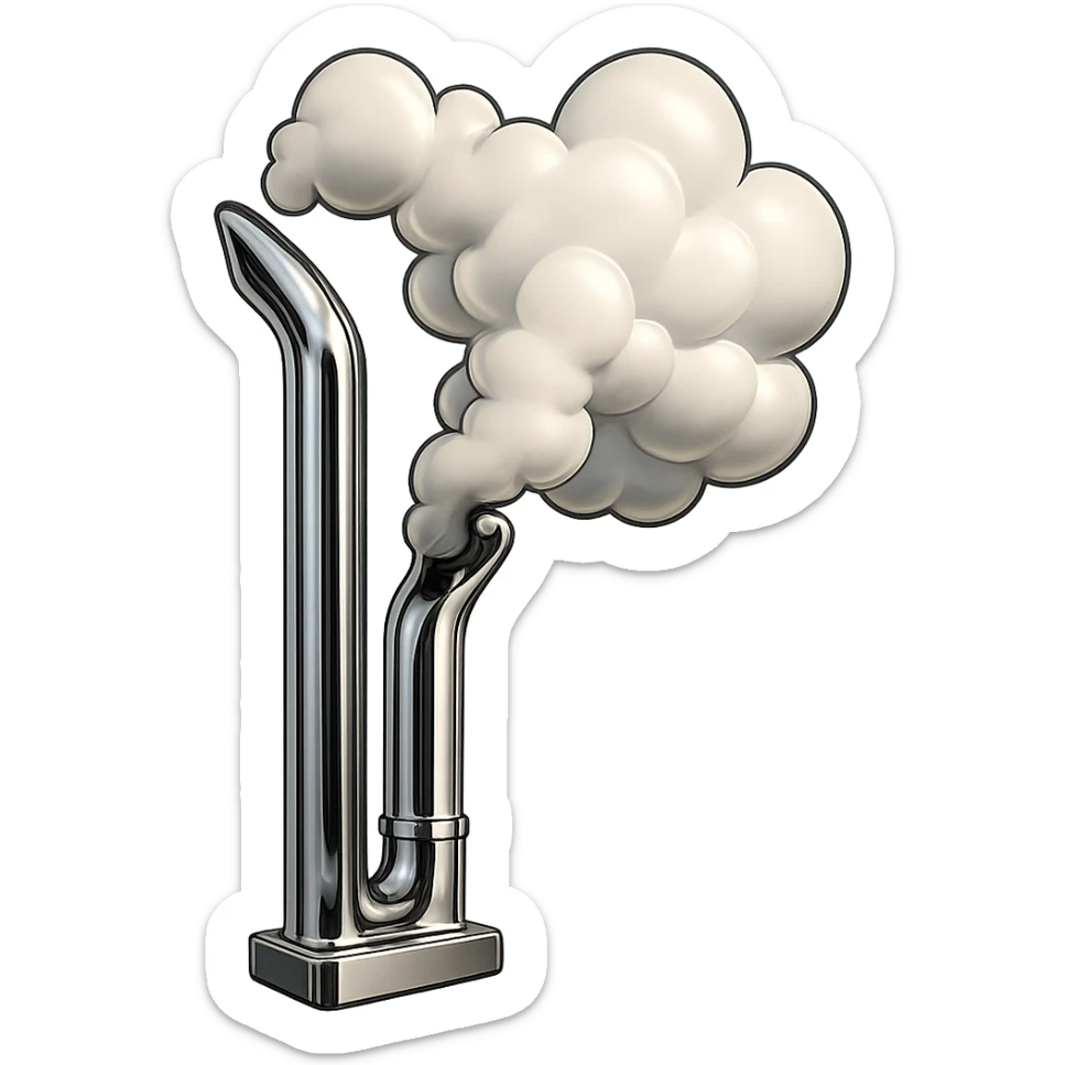 Add thick cartoon smoke coming out of the chrome stacks of the black Kenworth W680 truck rolling down the road. Maintain the dynamic, fun chrome style with a transparent background. sticker
