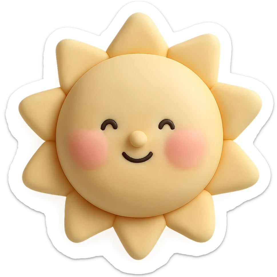 Remove the background, keep only the adorable puffy summer sun with blushing cheeks in fondant cake art style, transparent background. sticker