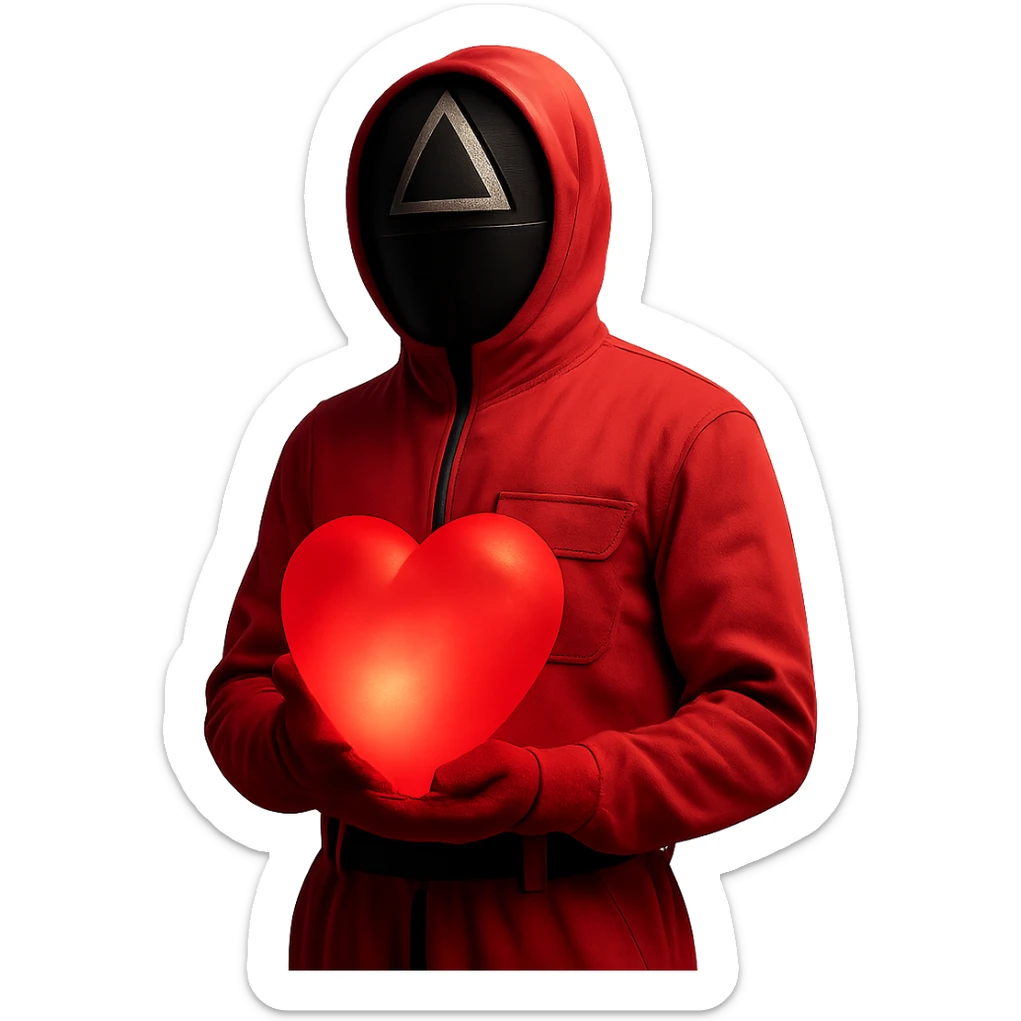 Edit the image of a masked guard from Squid Game series in a pink jumpsuit holding a large glowing red heart that emits a soft light. Keep the original style and minimal background with dramatic lighting. Remove the background entirely. sticker