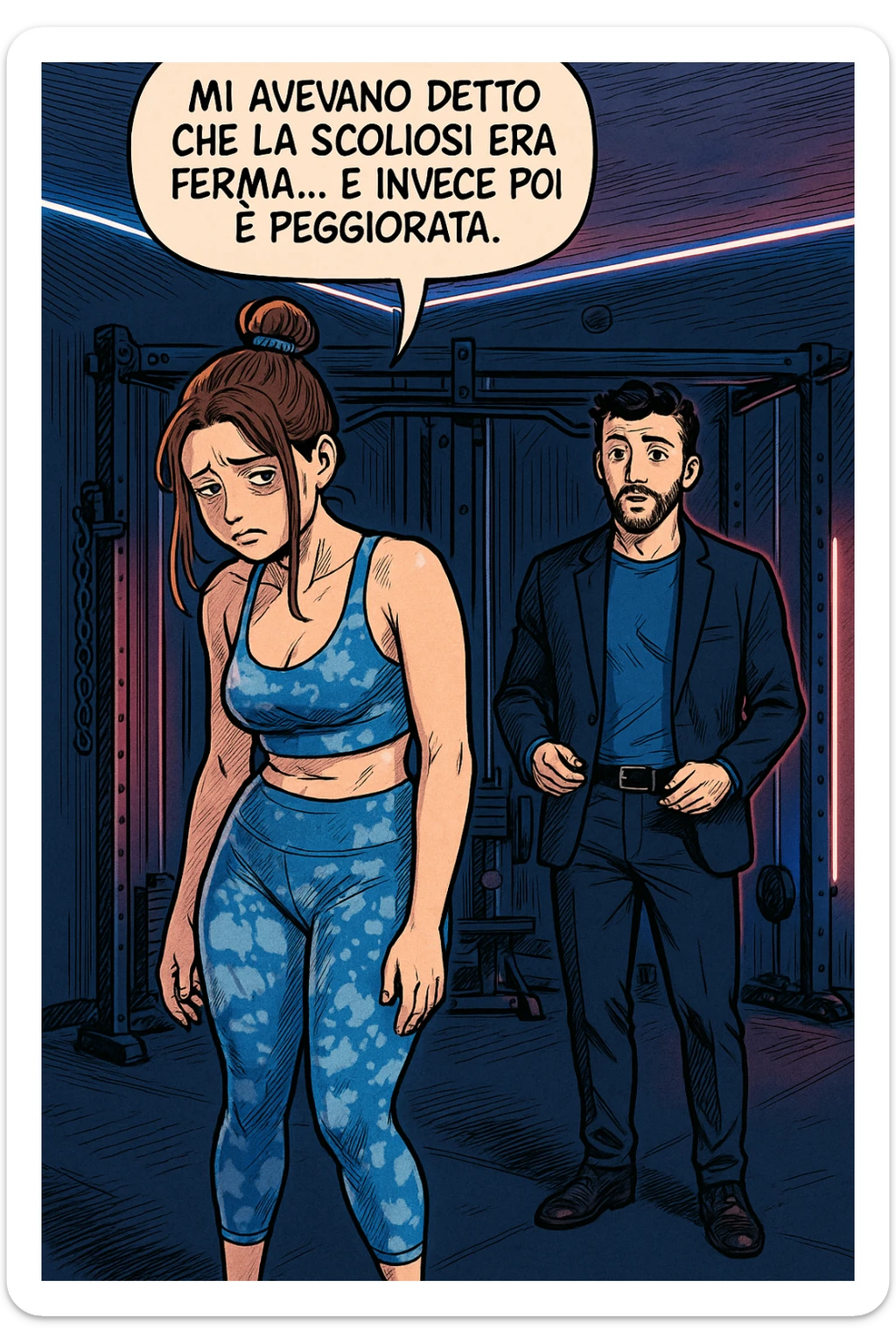 fai questa immagine in versione fumetto/manga/webtoon a colori, il manga mostra la donna disperata con un fumetto sulla testa che dice:
Mi avevano detto che la scoliosi era ferma… e invece poi è peggiorata.
 sticker