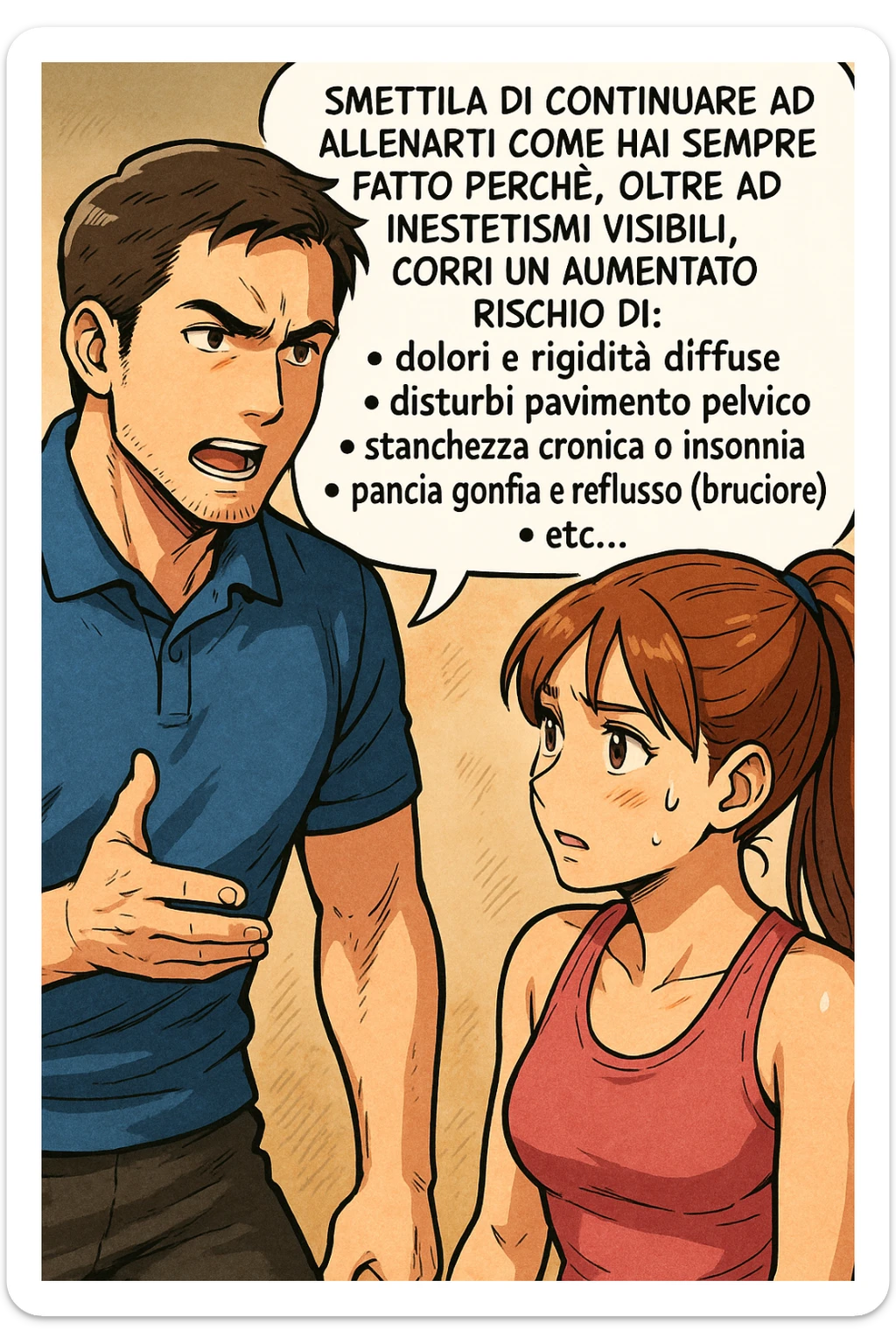 TRASFORMA QUESTO CAROSELLO IN UN FUMETTO STILE MANGA A COLORI CON QUESTE DUE PERSONE IDENTICHE CHE INTERLOQUISCONO TRA LORO:

LUI (UOMO): Smettila di continuare ad allenarti come hai sempre fatto perché, oltre ad inestetismi visibili, corri un aumentato rischio di:
    • dolori e rigidità diffuse
    • disturbi pavimento pelvico
    • stanchezza cronica o insonnia
    • pancia gonfia e reflusso (bruciore)
    • etc… sticker
