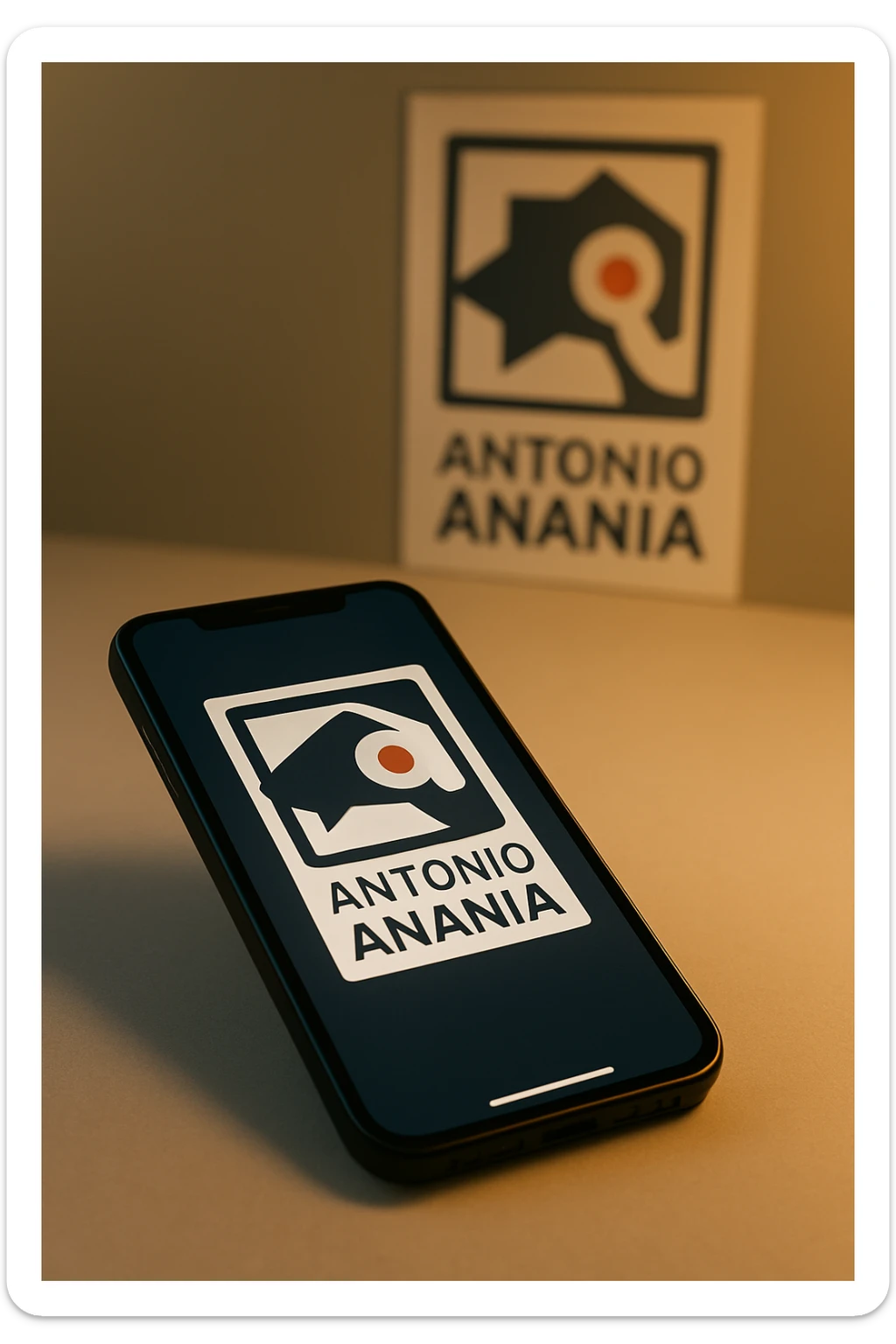 A photo of an iPhone on the desk with the message "Antonio Anania" on its screen, The phone sits atop a desk with a blurred background that suggests work environment. A faint glow from above casts gentle shadows across the surface of each object, creating depth and highlighting their textures sticker