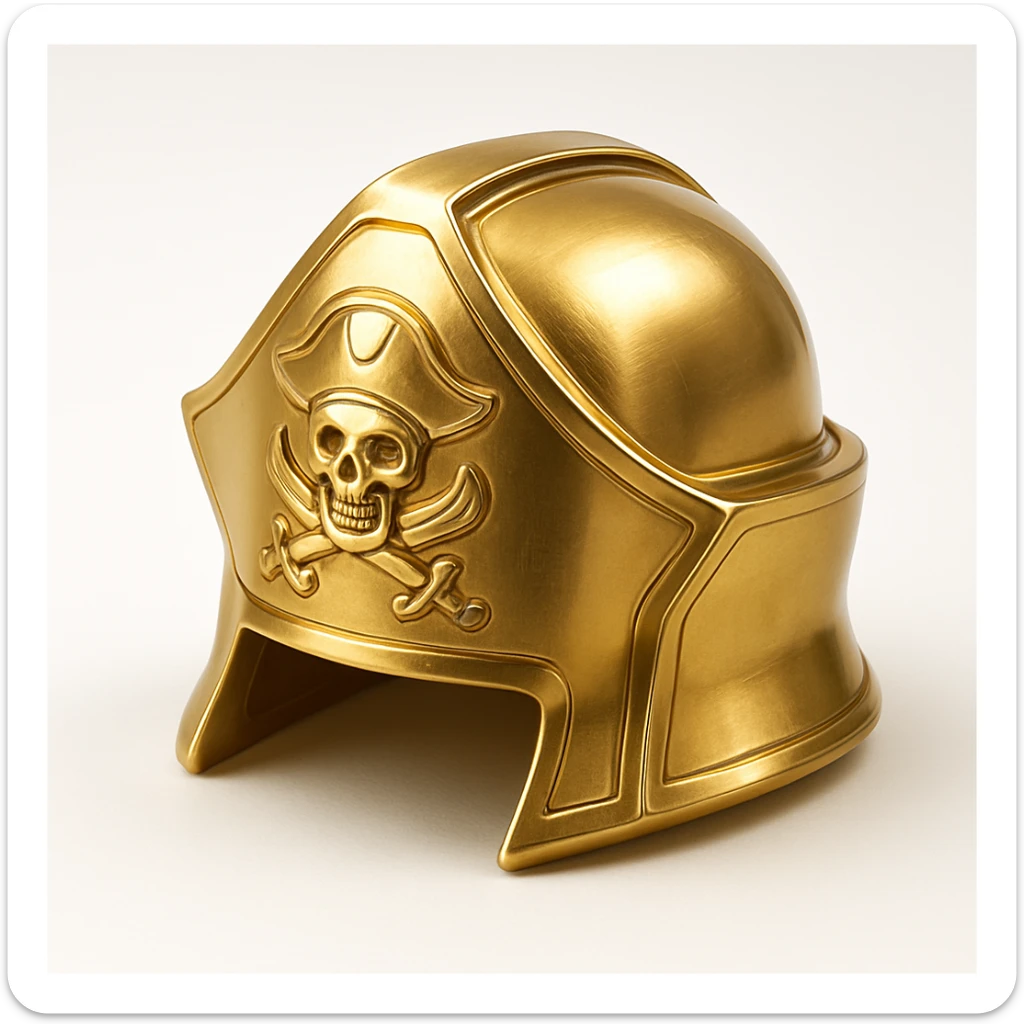 gold pirate helmet, simple, bold gold color, with pirate emblem, in gold style sticker