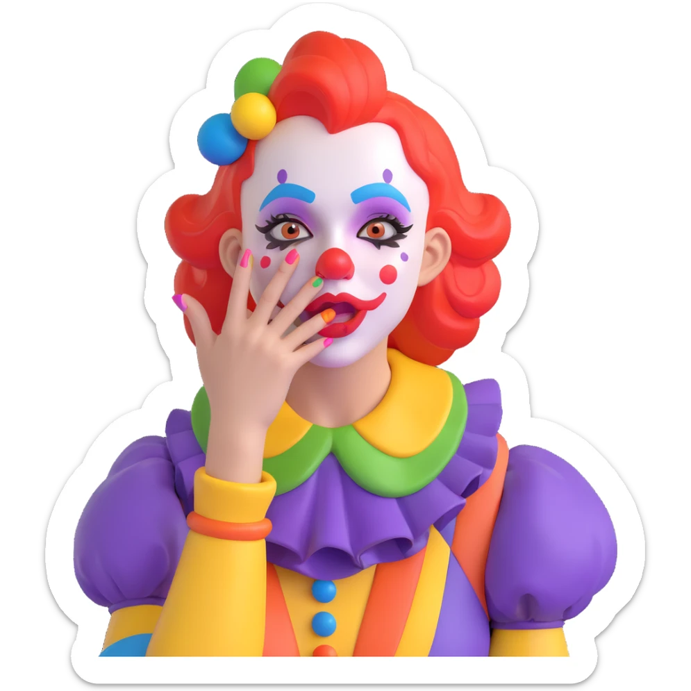 clown girl with her hand cupped near her mouth, whispering a secret, colorful makeup, lively and expressive sticker
