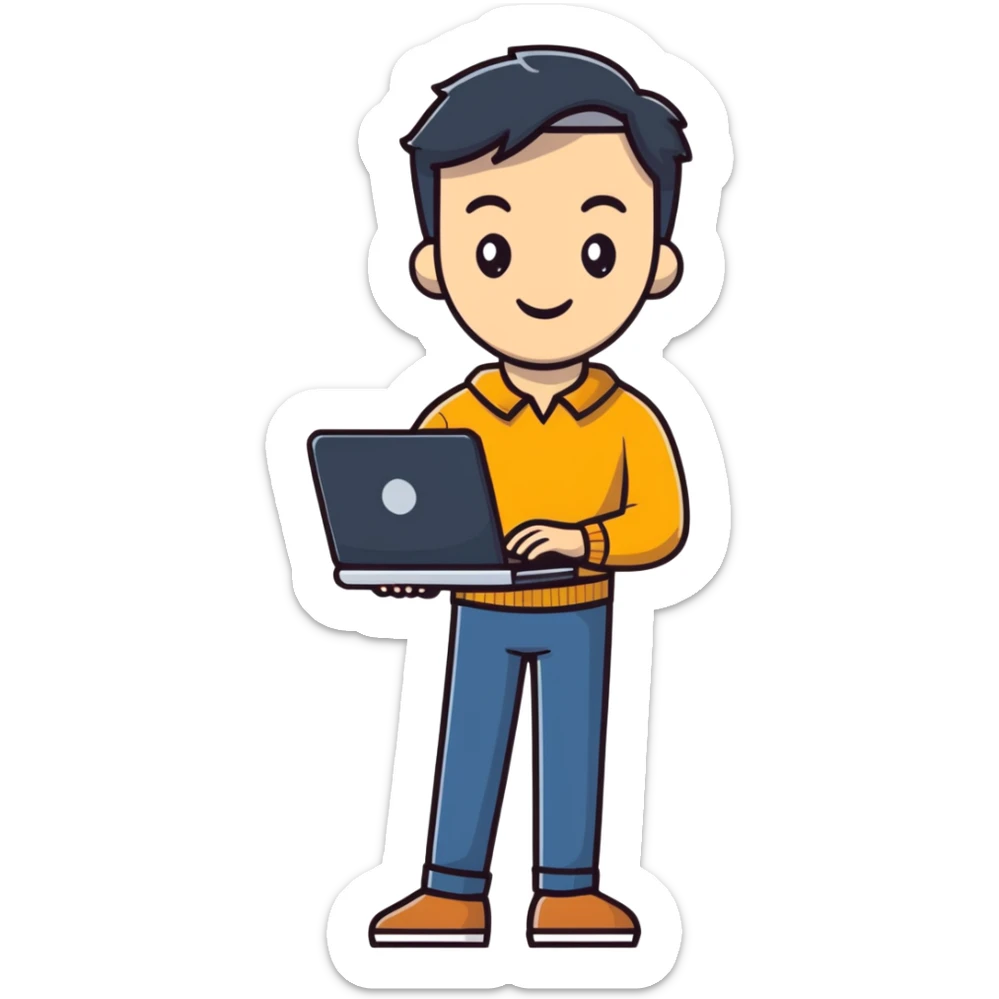 full body male teacher with attractive handsome face in casual clothes holding a laptop sticker
