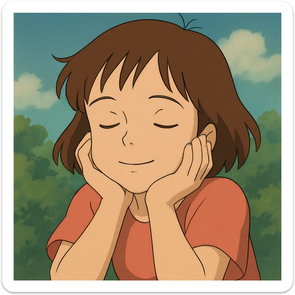 young white girl with brown hair, calm face, head resting on hands, feeling of mission accomplished, ghibli style sticker