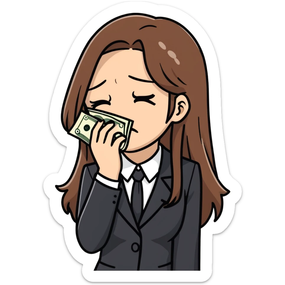 A crying white woman with long brown hair and brown eyes in a black business suit wipes tears from her face by money sticker