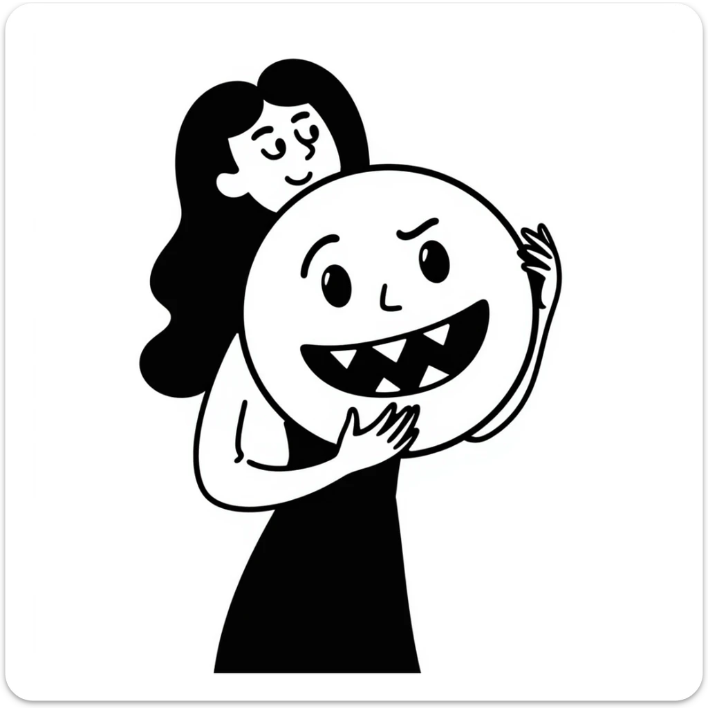 A woman with long black hair holding a toxic emoji sticker