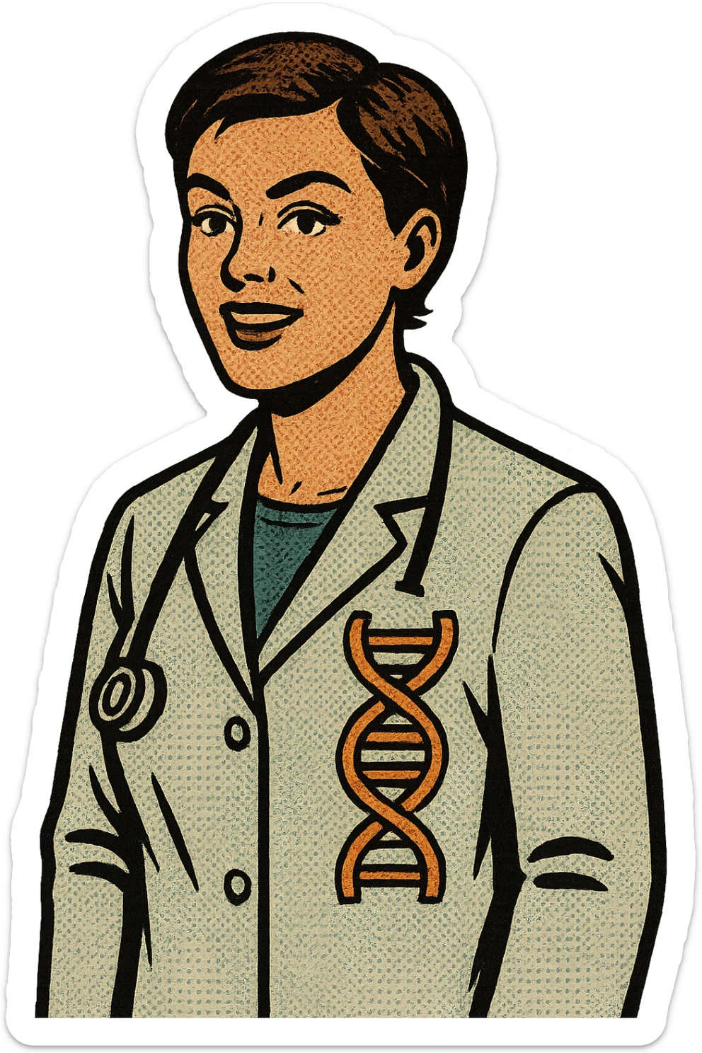 A modern female doctor with short hair wearing a coat with DNA on it sticker