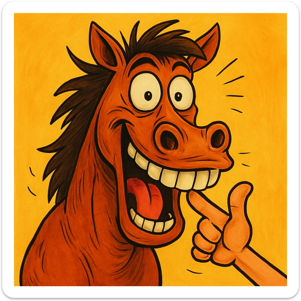 Make the finger bent inside the mouth of the horse, keeping the fun and expressive style, same background. sticker