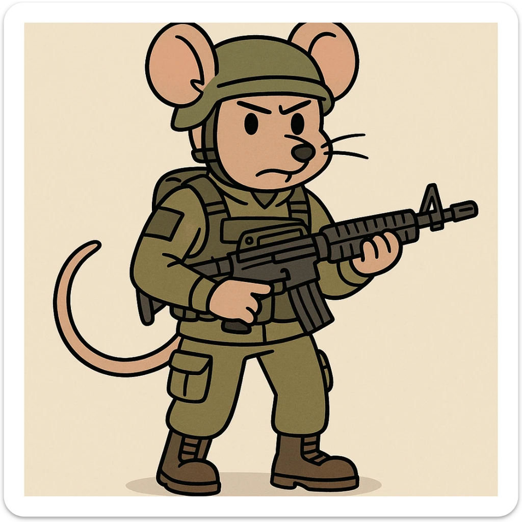 mouse soldier in full military gear, holding an assault rifle, cartoon style sticker