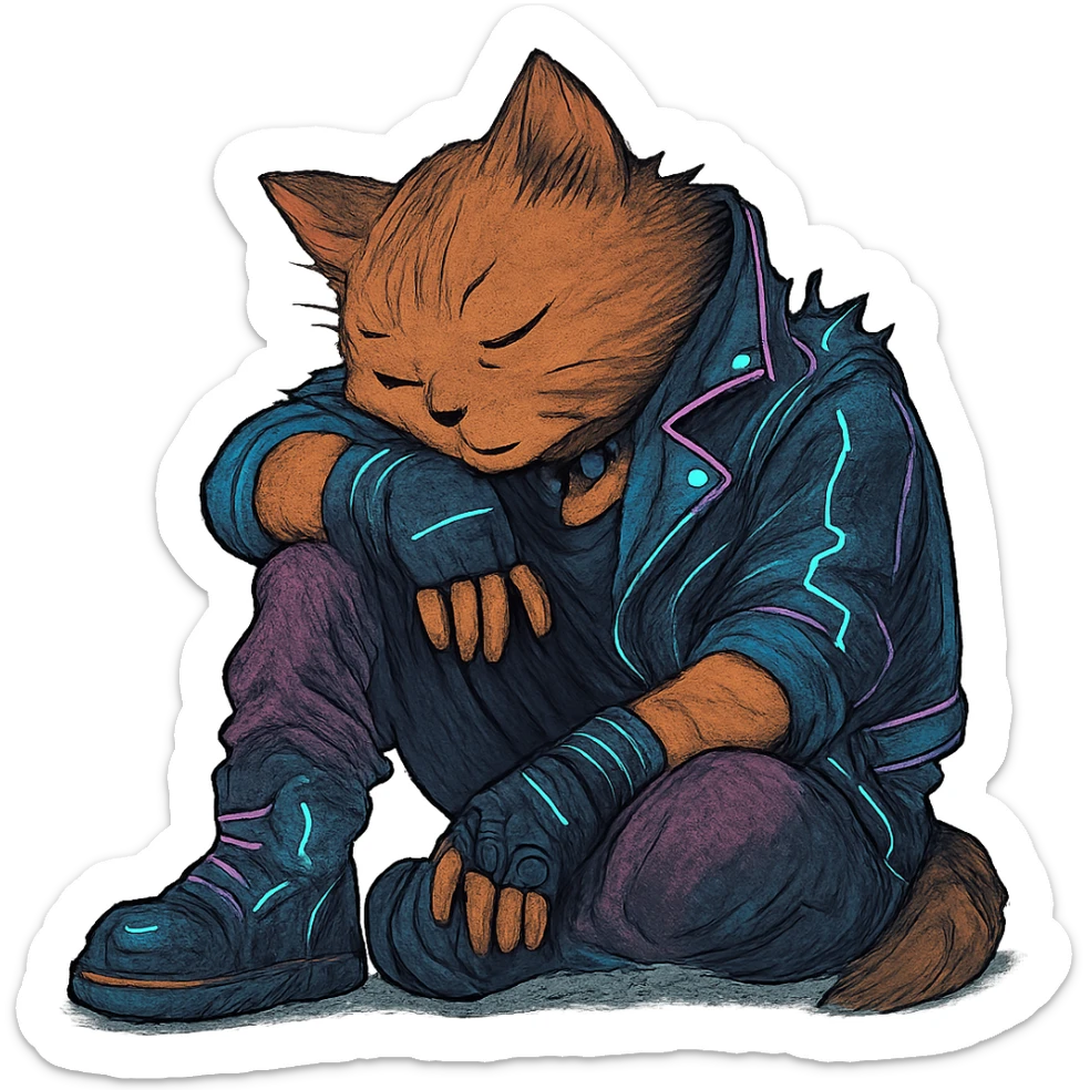  a anthro cat laying down his head to nap, punk gothic style, futuristic cyberwave cyberpunk, sitting position sticker