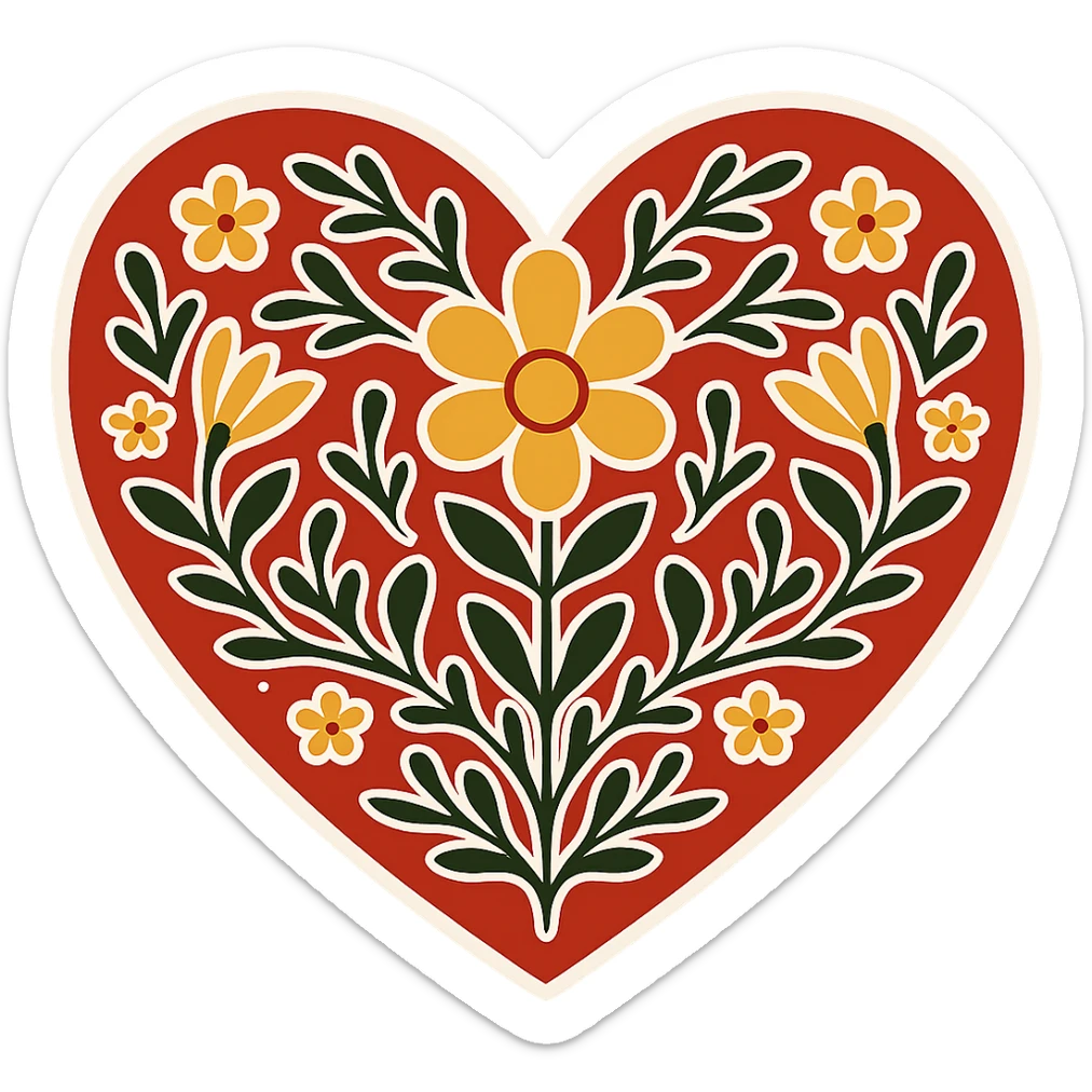 Add a white outline around the motif so it stands out against the red heart. Keep the motif geometric and bold, maintain the red color and the border around the heart. The style should be Slavic folk art. Transparent background. sticker