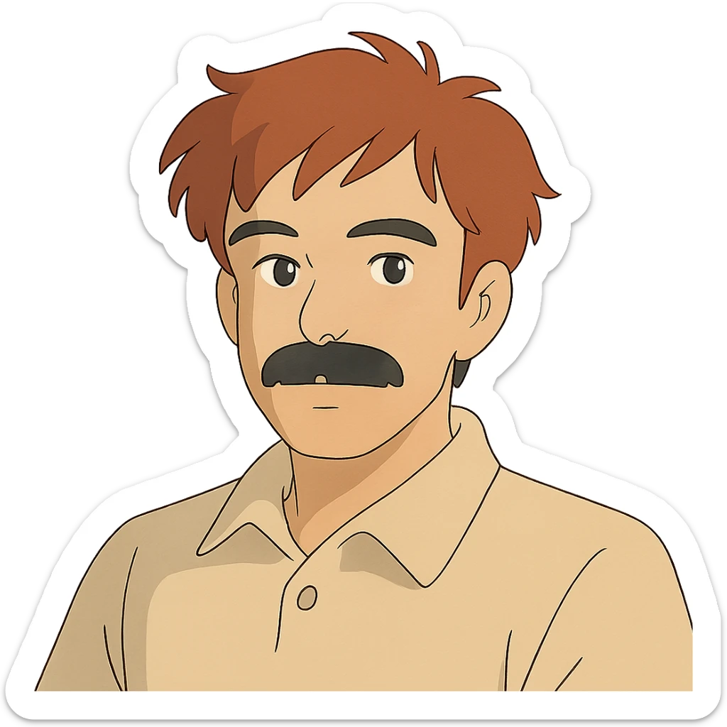 asian man with black mustache and red hair, 90's anime style portrait, ghibli style sticker