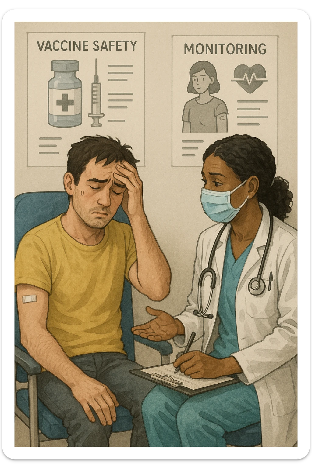 Vertical, educational medical illustration: a healthcare professional observes a patient who appears unwell after receiving a vaccine. The patient sits in a clinic chair, showing mild symptoms such as fatigue or headache, while the professional takes notes and offers reassurance. The background includes educational posters about vaccine safety and monitoring. realistica sticker