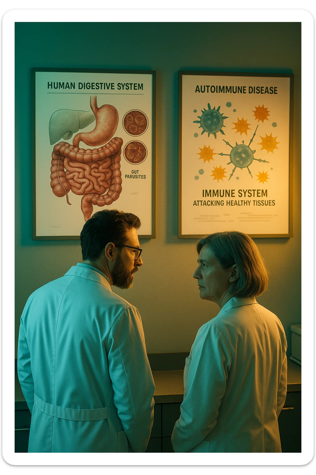 Realistic, detailed photo taken from behind of two doctors—a bearded man and a middle-aged woman—standing side by side in a modern medical office, intently studying a large, illuminated medical chart on the wall. The chart displays a detailed diagram of the human digestive system, highlighting the intestines and showing microscopic images of intestinal parasites. Next to it, another chart illustrates the immune system attacking healthy tissues, visually connecting gut parasites to autoimmune disease mechanisms. The room is bathed in a single green-blue color, with a warm, yellow-orange light casting soft shadows around the doctors. Both wear white coats and have serious, focused expressions, suggesting a deep discussion about the root causes of autoimmune conditions. Shot with a Canon EOS R5, with high detail, natural depth of field, and a clinical yet dramatic atmosphere. sticker