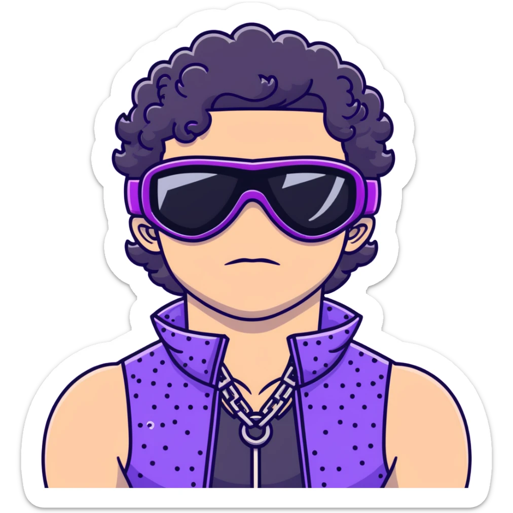 male athlete with white skin and moderately curly black hair on top with shaved sides, wearing ski goggles with purple frames and very dark black lenses, a simple plain black chain necklace, and a completely unzipped shiny vest with purple and black sequin fire pattern design, fully revealing his chest and abs, no earrings sticker