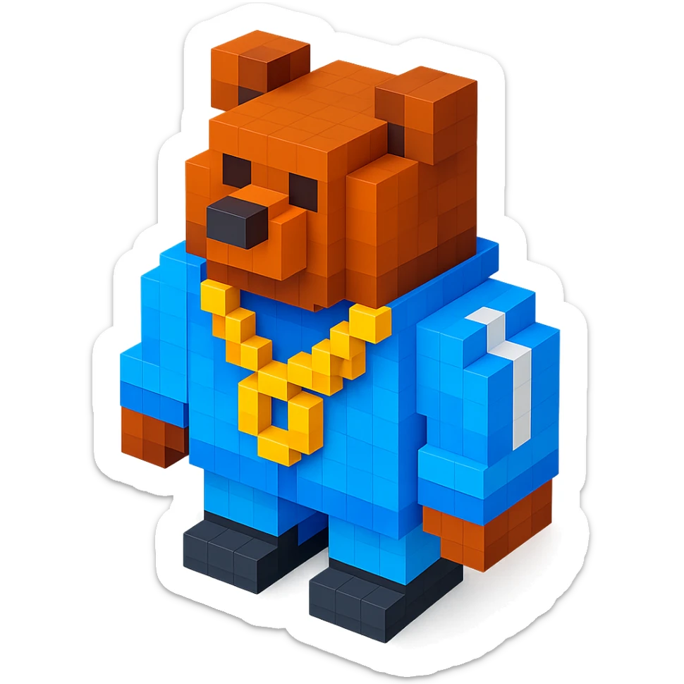Russian grizzly bear with a rapper chain and a tracksuit sticker