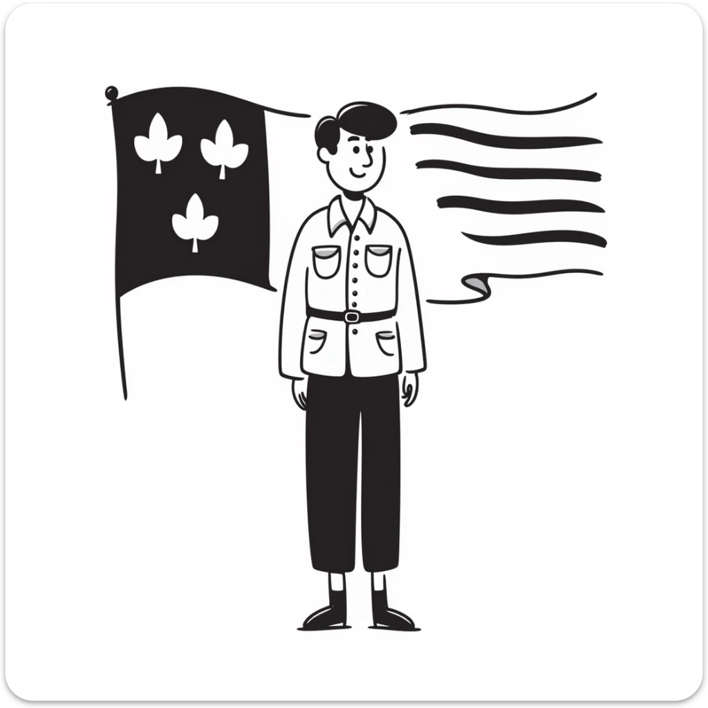 a military man with the flag of Quebec in the background, hand drawn doodle style sticker