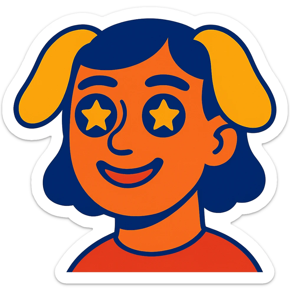 human face with dog ears and starry eyes, colorful cartoon style sticker