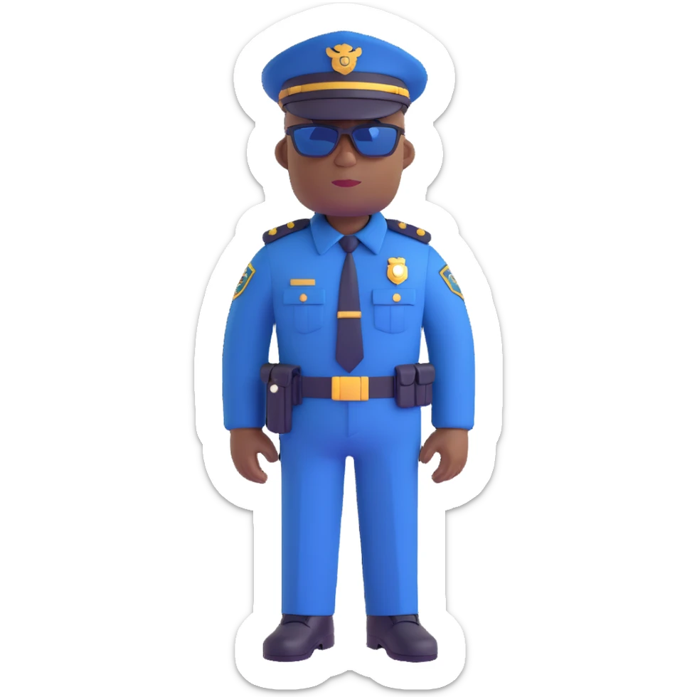 african american policeman, navy blue police uniform, brown sunglasses, no hat, minimal background sticker