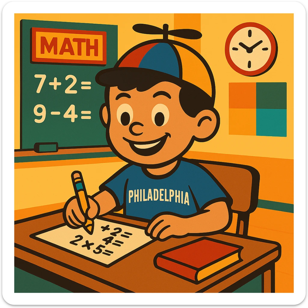 Change Little Johnny's hair to dark brown or black, keeping the rest of the scene the same: cheerful boy with a propellor hat, Philadelphia sports shirt, in a math classroom, showing good work habits, vibrant and clear illustration style. sticker